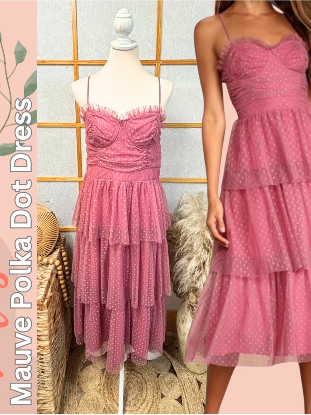 Lulu's Mauve Polka Dot Tiered Midi Dress